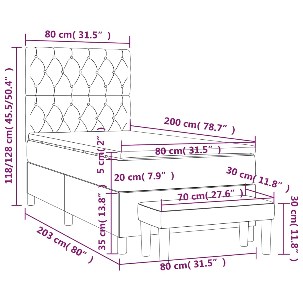 Lit à sommier tapissier avec matelas tissu noir 80x200 cm