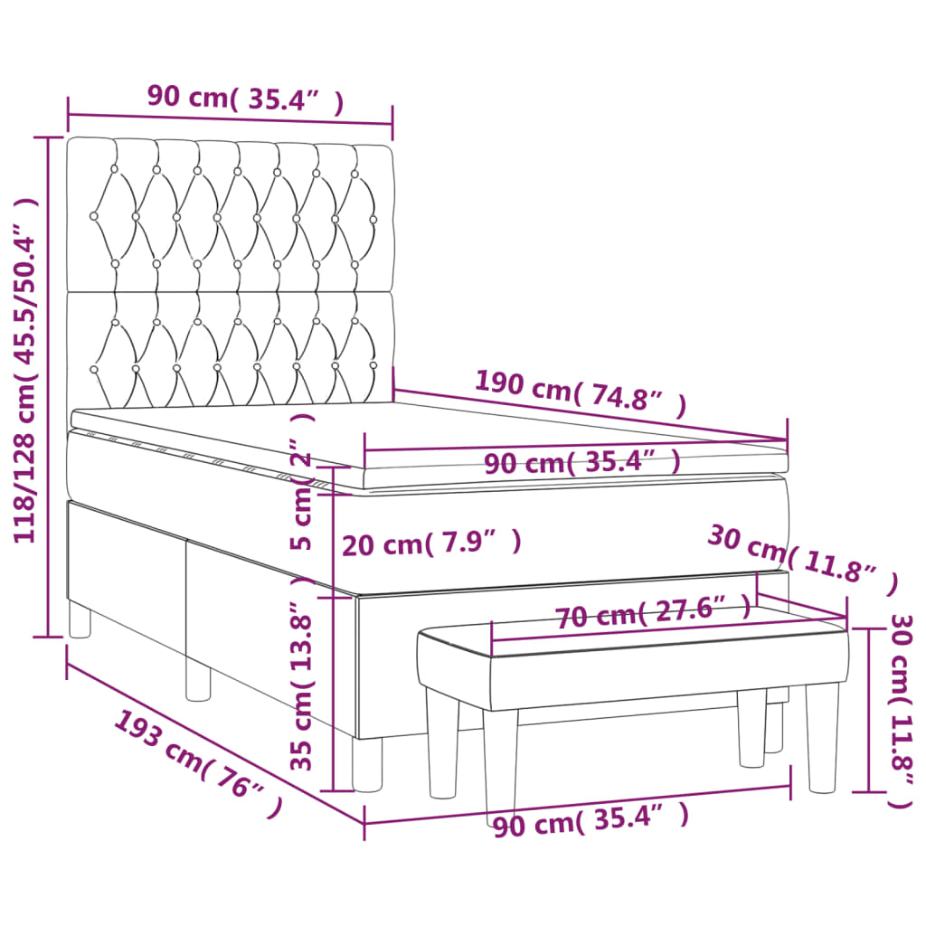 Lit sommier tapissier avec matelas tissu taupe 90x190 cm