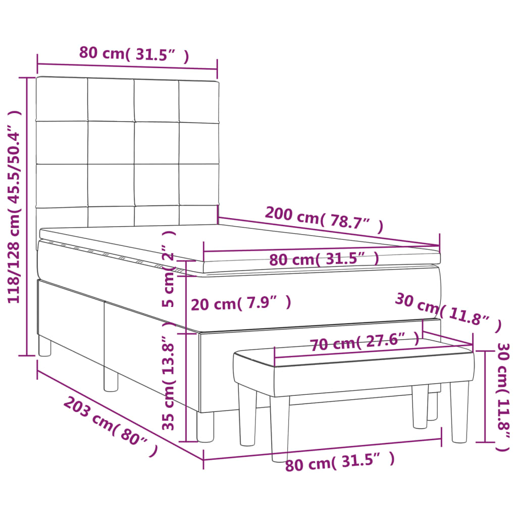 Lit à sommier tapissier avec matelas tissu noir 80x200 cm