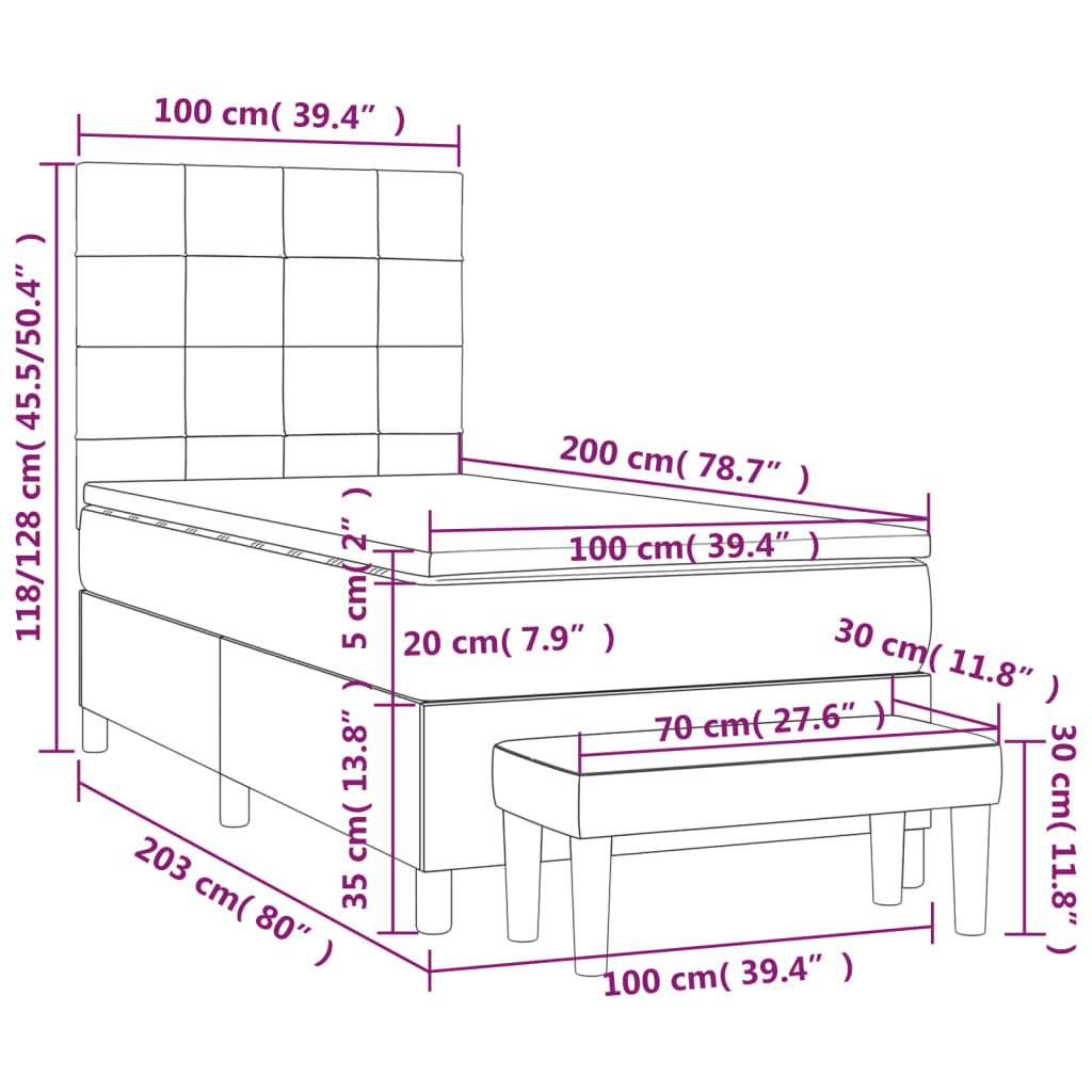 Lit sommier tapissier avec matelas tissu gris foncé 100x200 cm