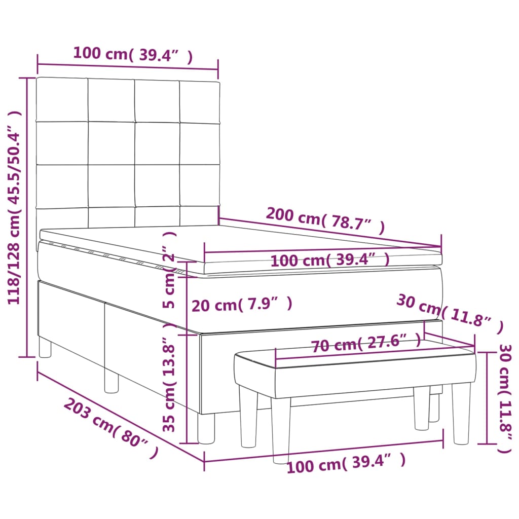 Sommier tapissier avec matelas gris foncé 100x200 cm velours