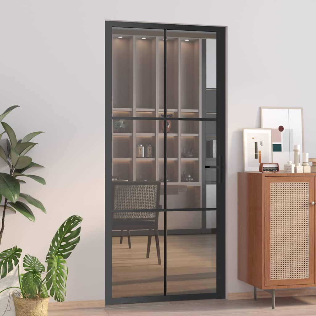 Innentür 93x201,5 cm Schwarz ESG-Glas und Aluminium