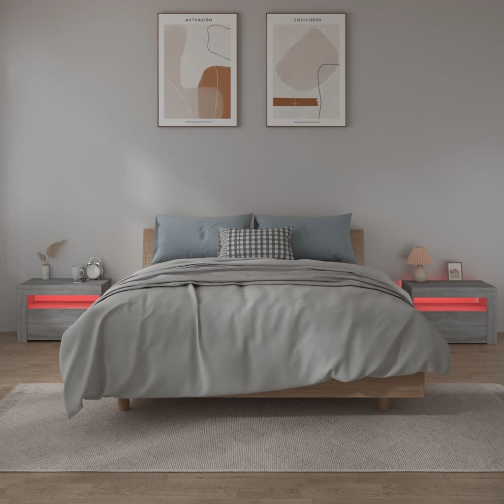Tables de chevet 2 pièces avec LED Gris Sonoma 60x35x40 cm