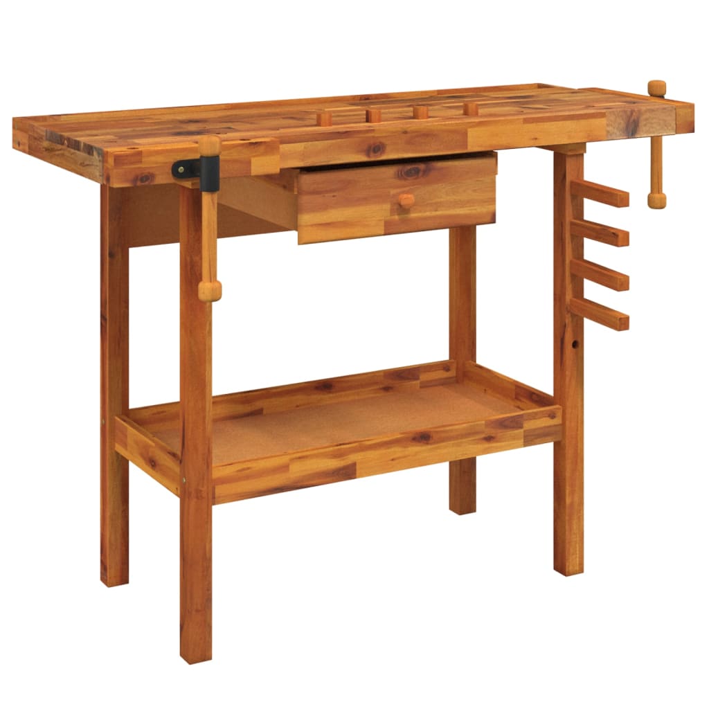 Werkbank mit Schublade und Schraubstöcken 124 x 52 x 83 cm Massivholz Akazie