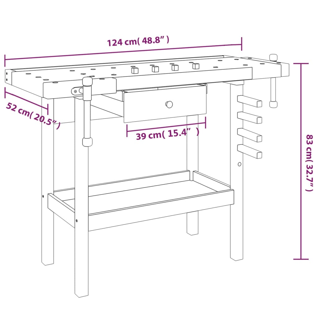 Werkbank mit Schublade und Schraubstöcken 124 x 52 x 83 cm Massivholz Akazie