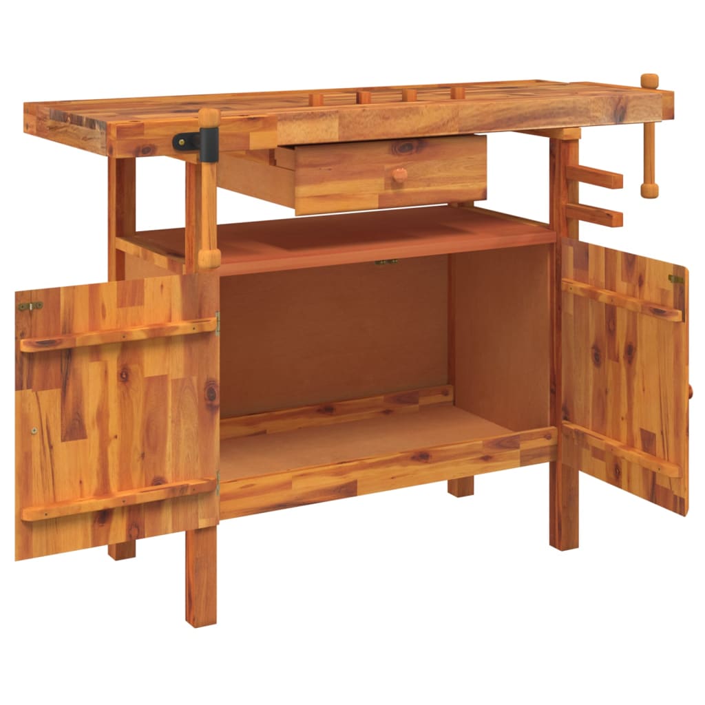 Werkbank mit Schublade und Schraubstöcken 124 x 52 x 83 cm Massivholz Akazie
