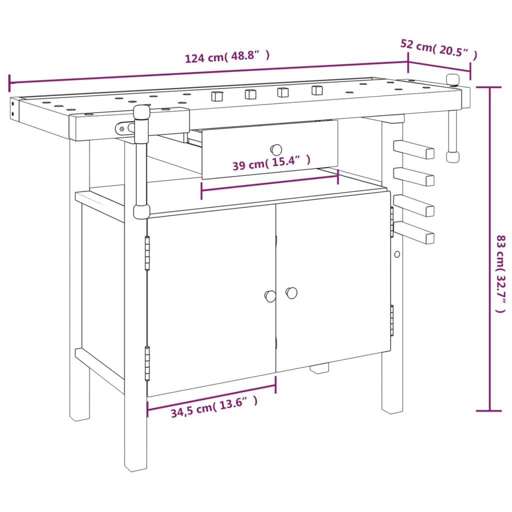 Werkbank mit Schublade und Schraubstöcken 124 x 52 x 83 cm Massivholz Akazie