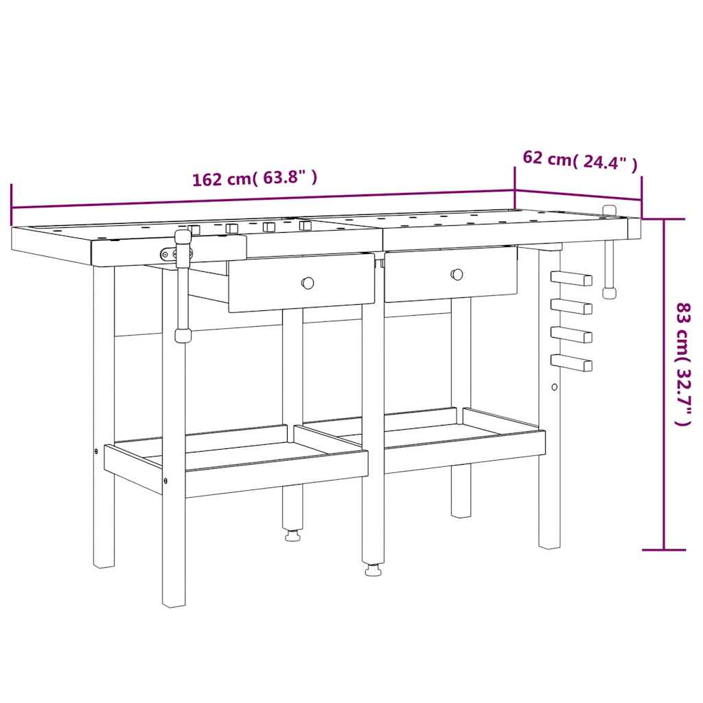 Werkbank mit Schubladen Schraubstöcken 162x62x83 cm Akazienholz