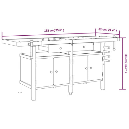 Werkbank mit Schubladen Schraubstöcken 192x62x83 cm Akazienholz
