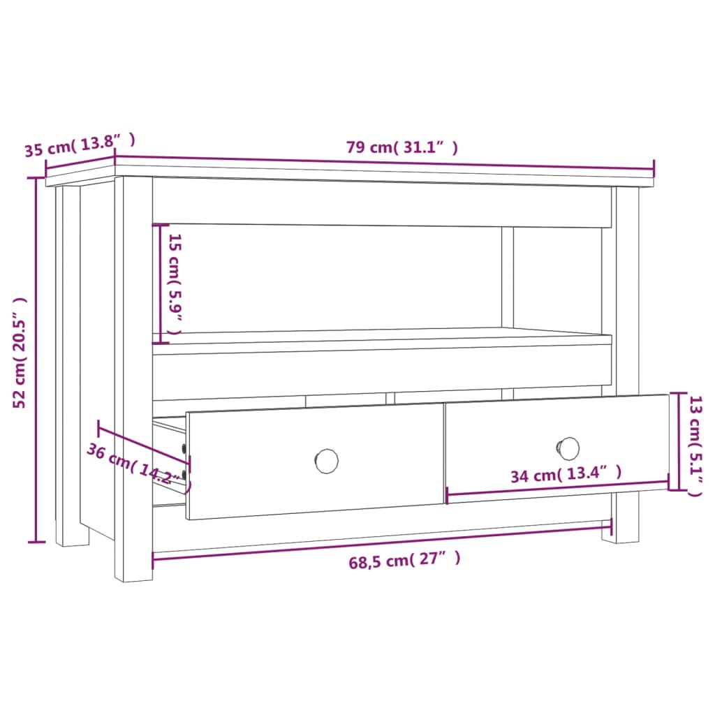 Meuble TV blanc 79x35x52 cm en bois de pin massif