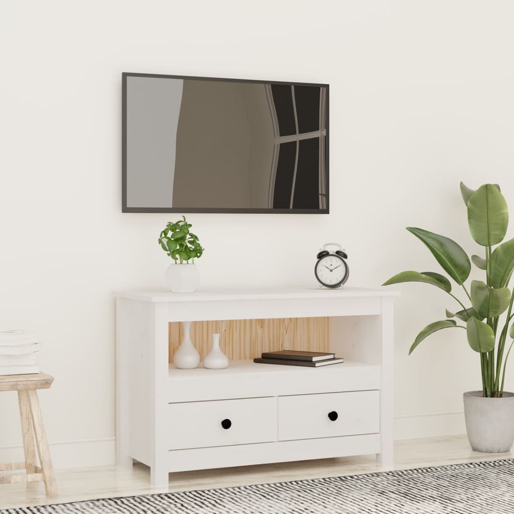 Meuble TV blanc 79x35x52 cm en bois de pin massif