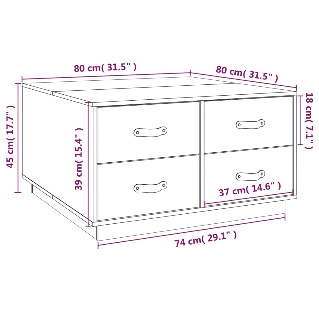 Table basse 80x80x45 cm en bois de pin massif