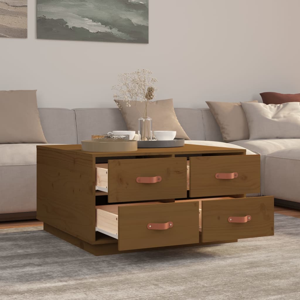 Table basse marron miel 80x80x45 cm en bois de pin massif