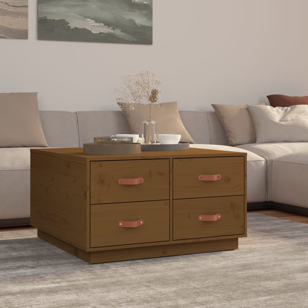 Table basse marron miel 80x80x45 cm en bois de pin massif