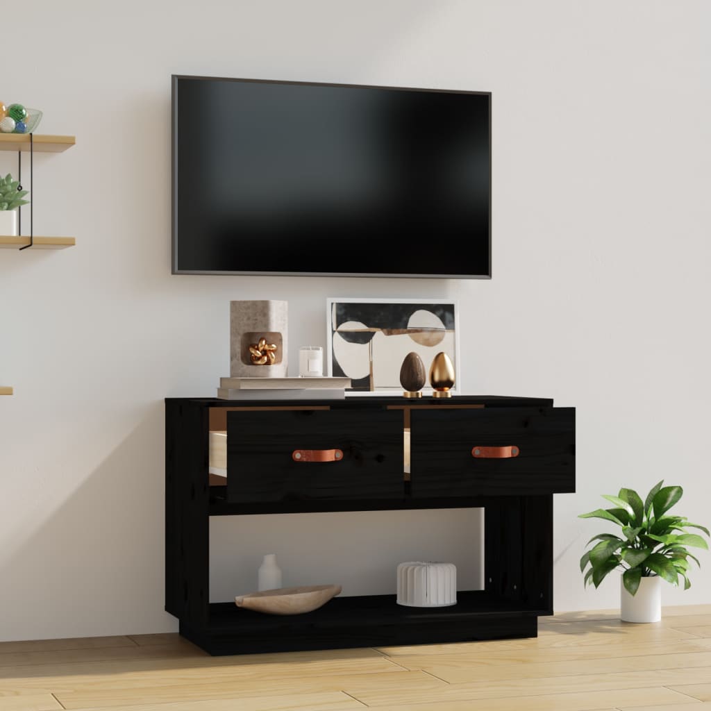Meuble TV noir 90x40x60 cm en bois de pin massif