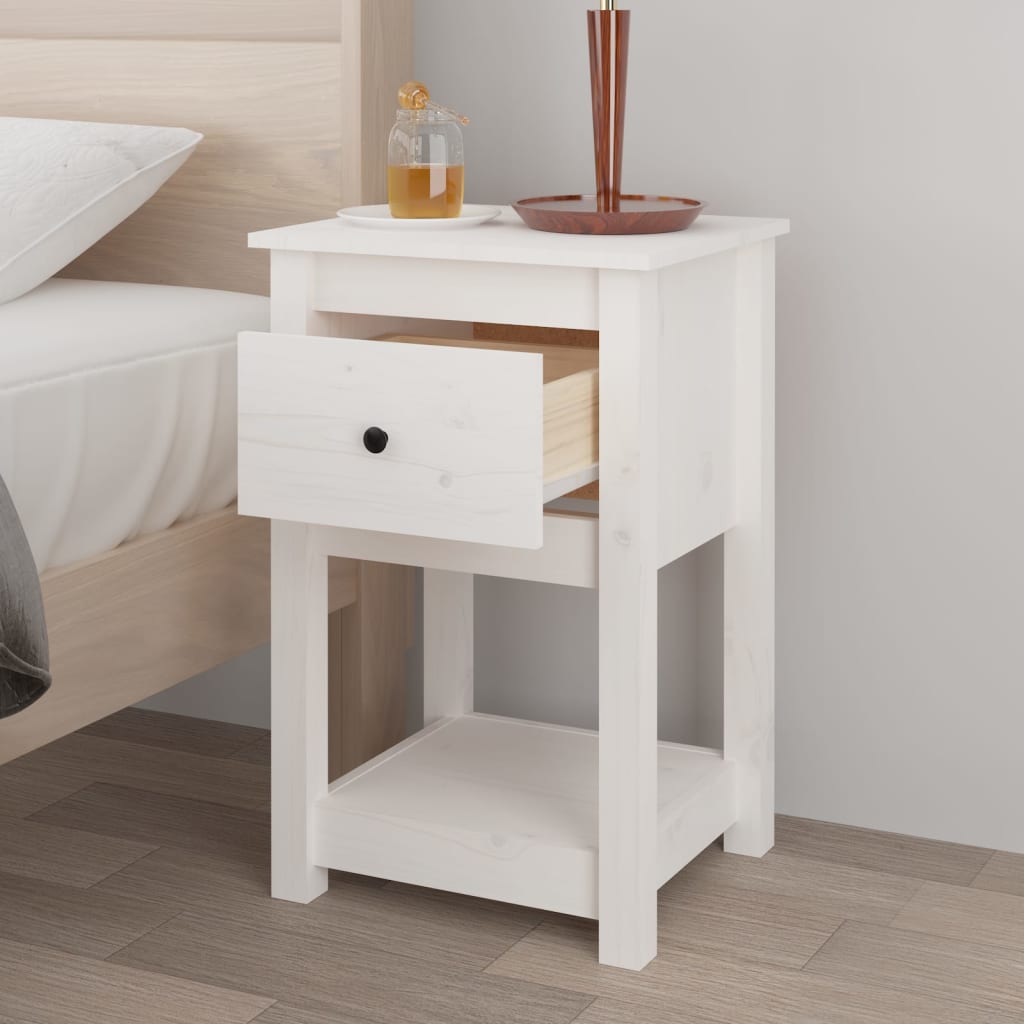 Table de chevet blanche 40x35x61,5 cm en bois de pin massif