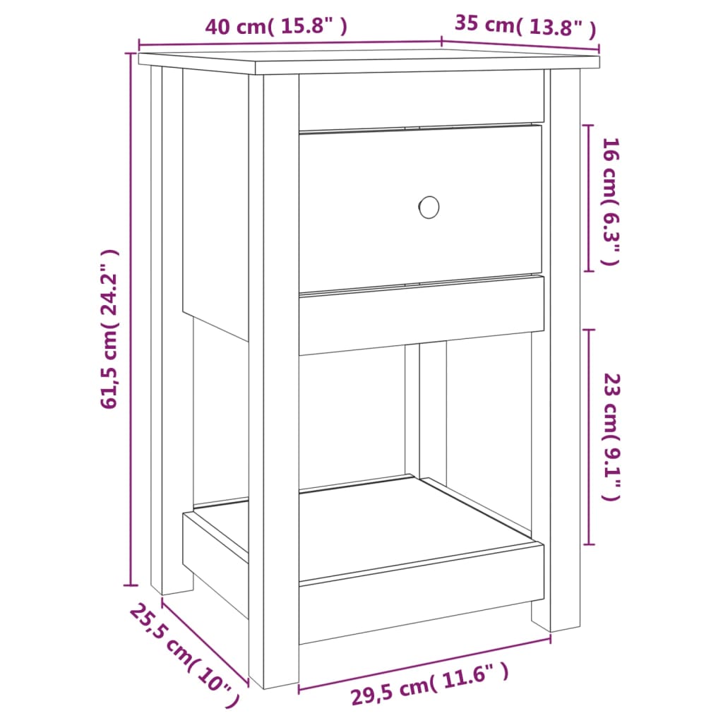 Table de chevet blanche 40x35x61,5 cm en bois de pin massif