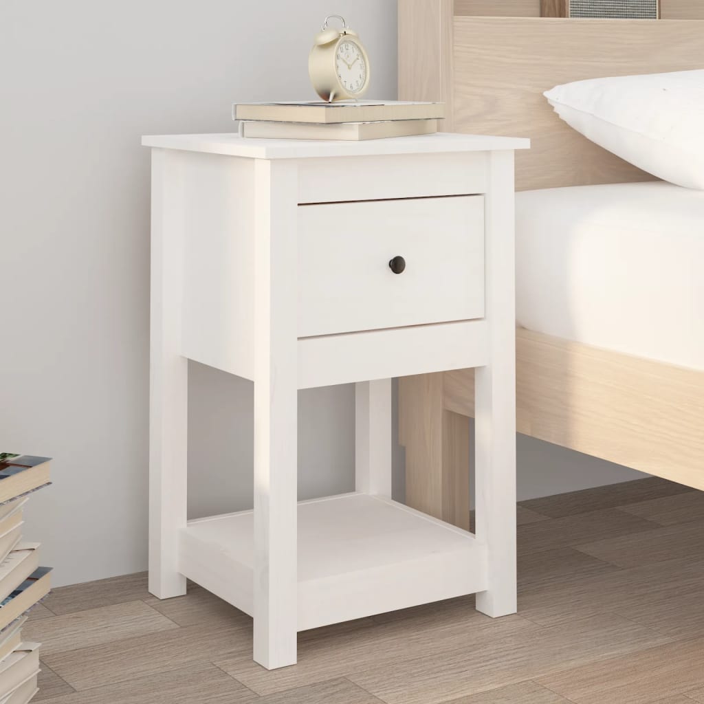 Table de chevet blanche 40x35x61,5 cm en bois de pin massif