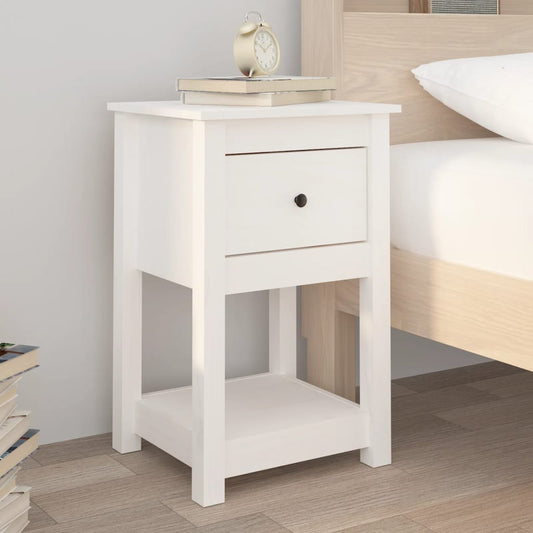 Table de chevet blanche 40x35x61,5 cm en bois de pin massif