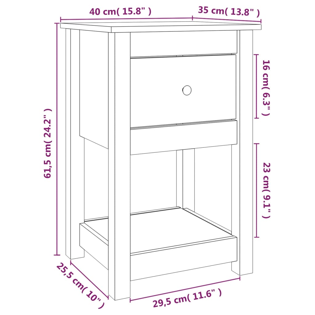 Table de chevet grise 40x35x61,5 cm en bois de pin massif