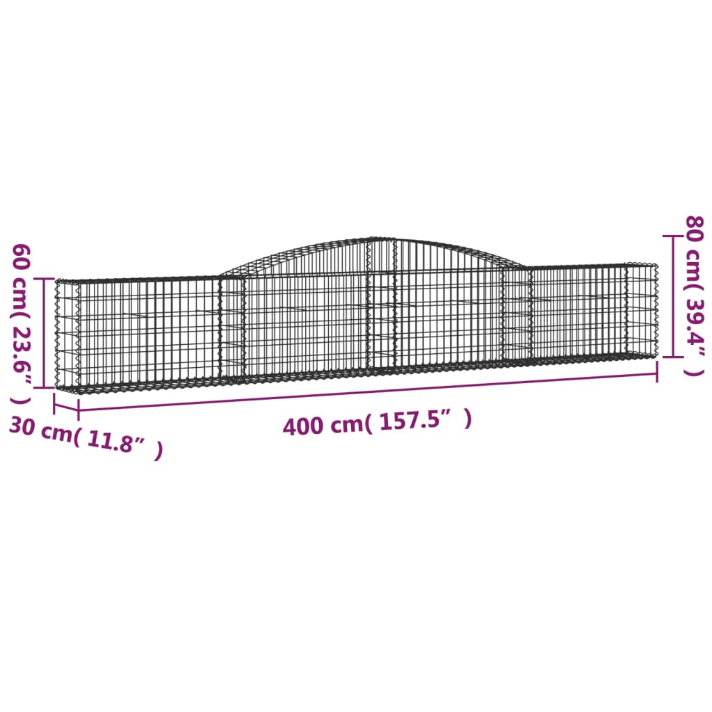 Gabionen mit Hochbogen 3 Stk. 400x30x60/80 cm Verzinktes Eisen