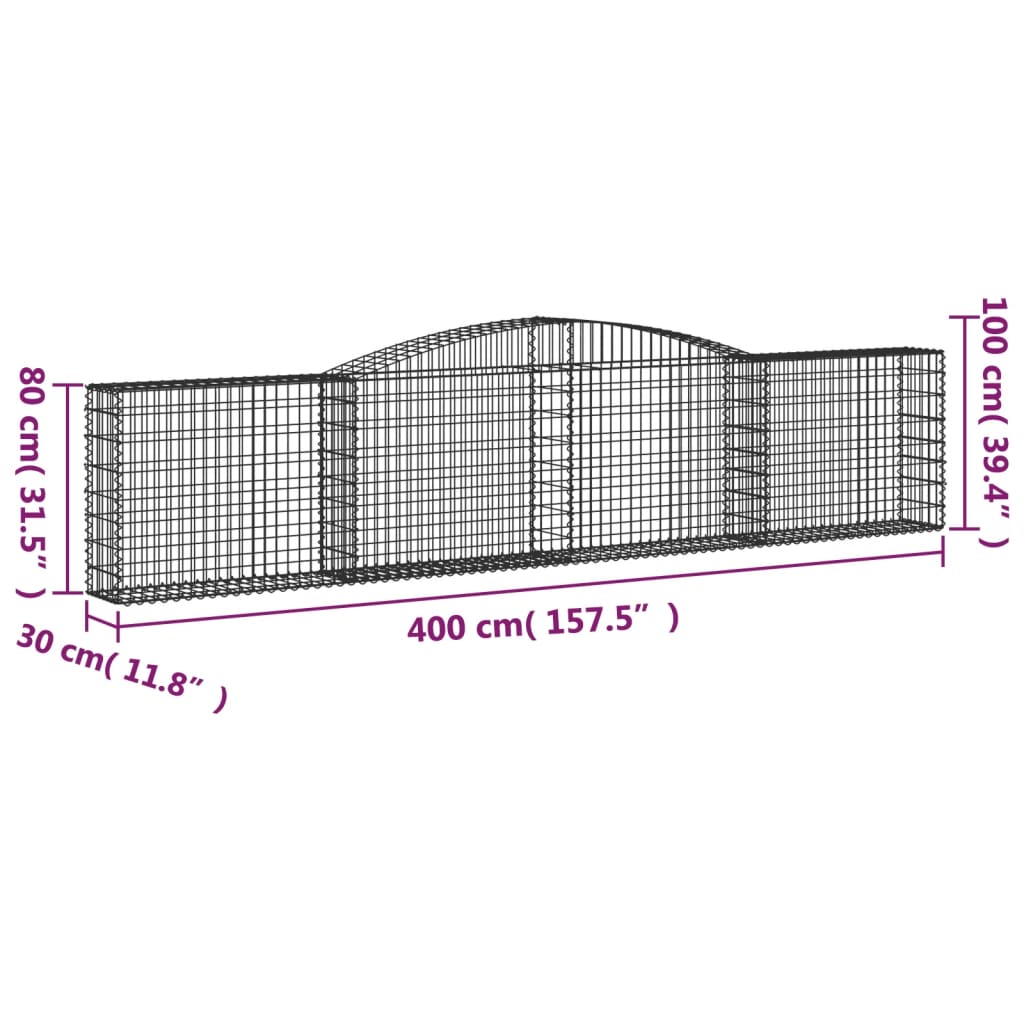 Gabionen mit Hochbogen 4 Stk. 400x30x80/100cm Verzinktes Eisen