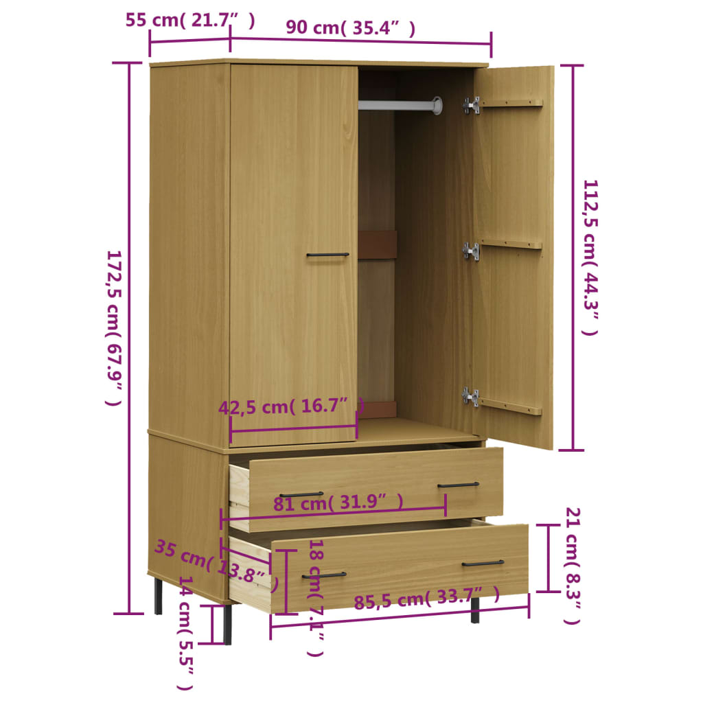 Kleiderschrank OSLO Metallbeinen Braun 90x55x172,5cm Massivholz