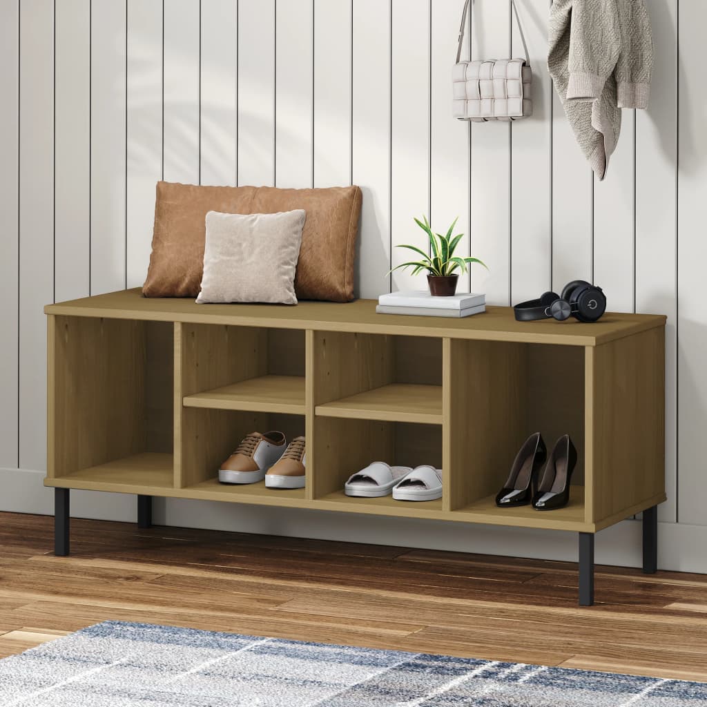 Shoe rack OSLO with metal legs brown 106x35x45 cm solid wood