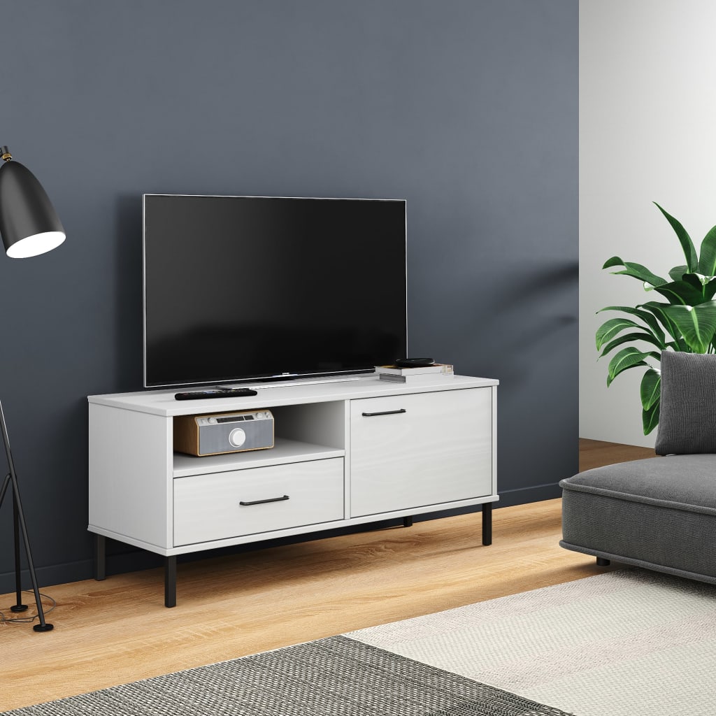 Meuble TV OSLO avec pieds en métal en pin massif blanc
