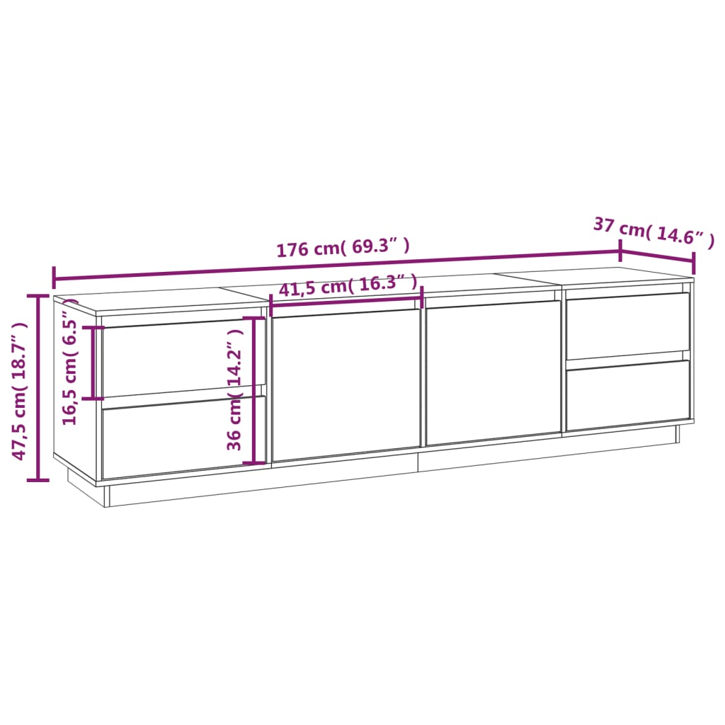 Meuble TV blanc 176x37x47,5 cm en bois de pin massif