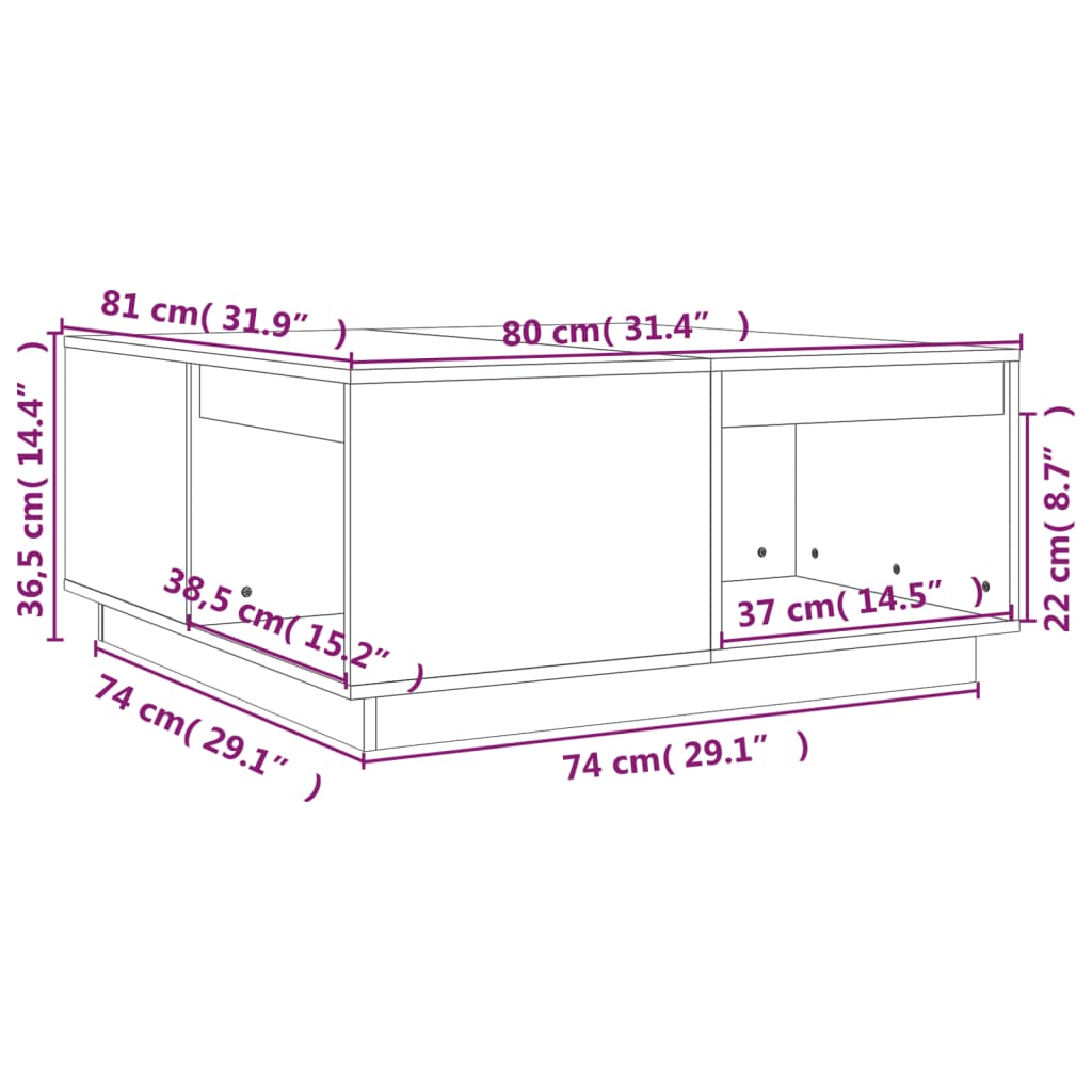 Couchtisch Weiß 80x81x36,5 cm Massivholz Kiefer