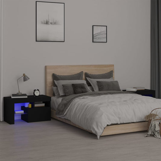 Tables de chevet 2 pièces avec éclairage LED Noir 70x36,5x40 cm