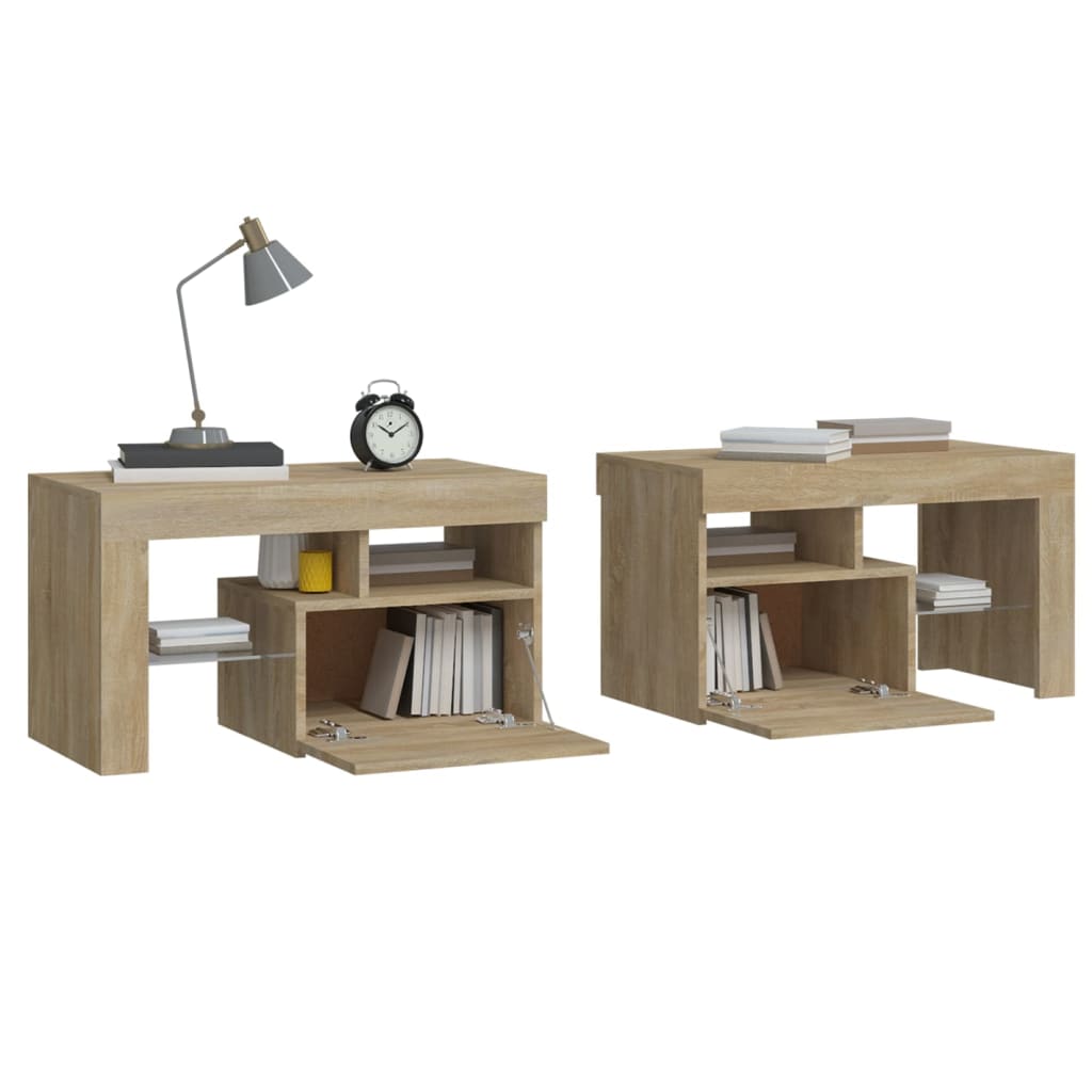 Tables de chevet 2 pièces avec éclairage LED en chêne Sonoma 70x36,5x40 cm