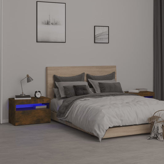 Tables de chevet 2 pièces avec éclairage LED en chêne fumé 60x35x40 cm