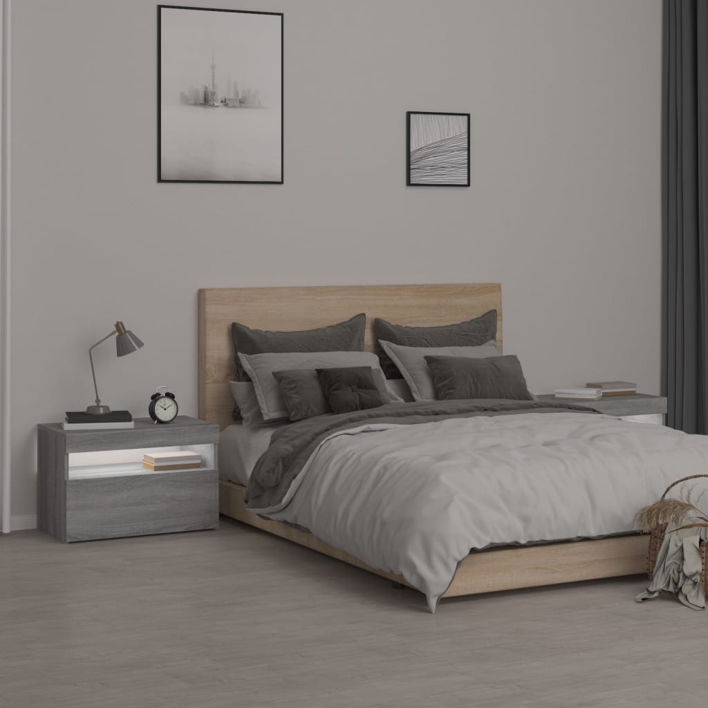 Nachttische 2 Stk. mit LED-Leuchten Grau Sonoma 60x35x40 cm