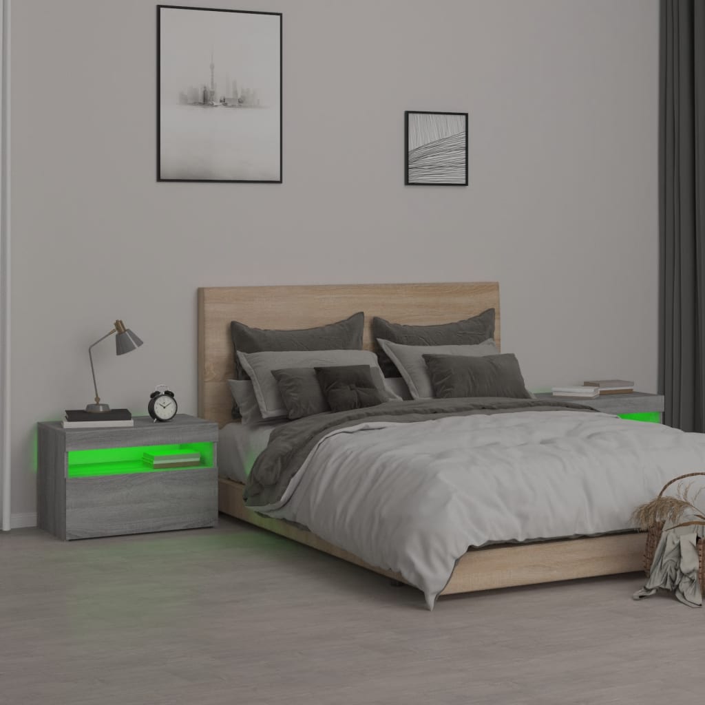 Nachttische 2 Stk. mit LED-Leuchten Grau Sonoma 60x35x40 cm