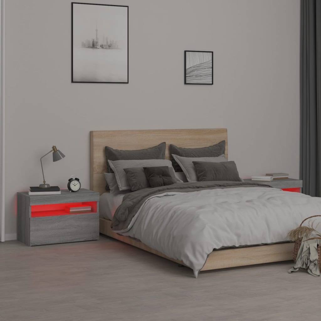 Nachttische 2 Stk. mit LED-Leuchten Grau Sonoma 60x35x40 cm