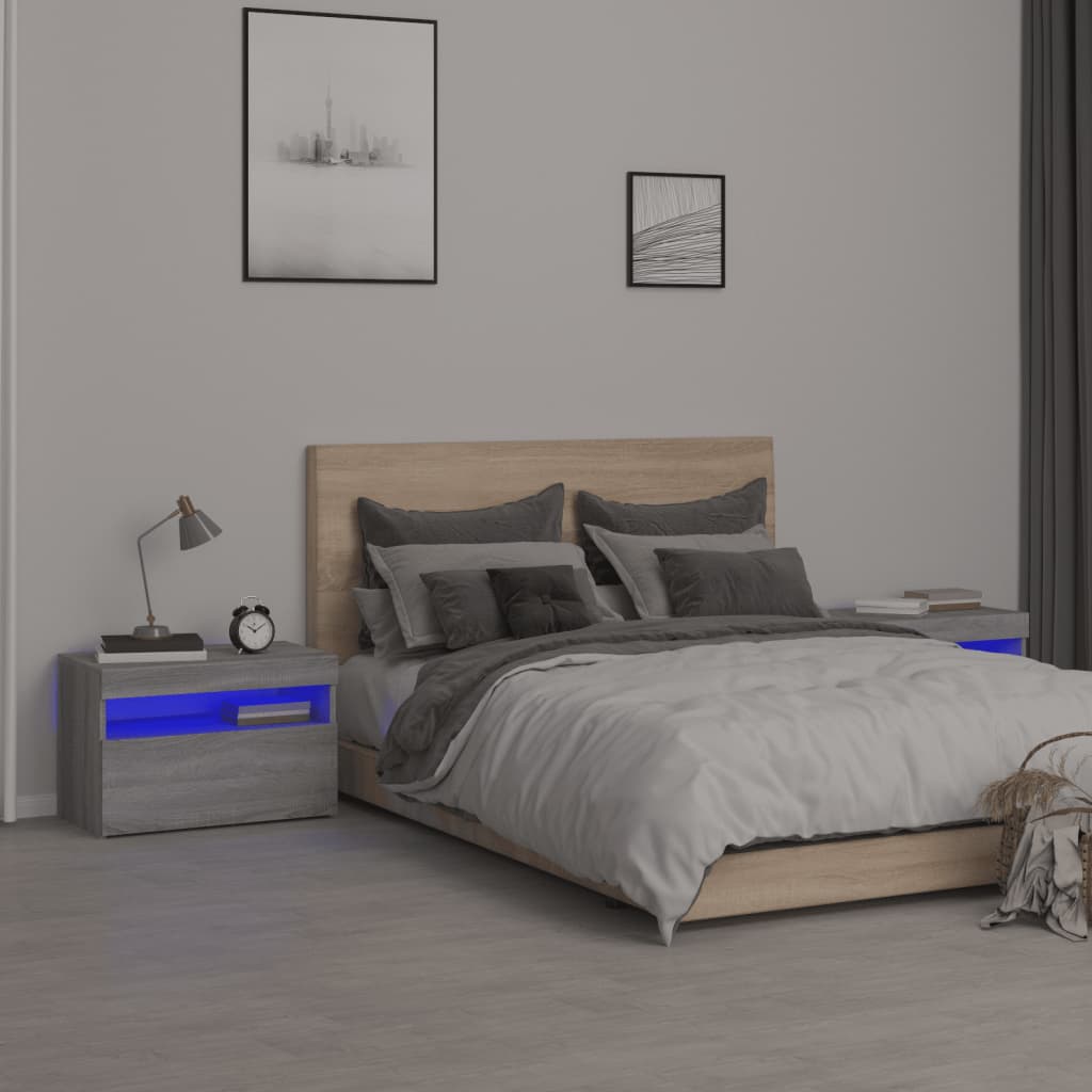 Tables de chevet 2 pièces avec lumières LED Gris Sonoma 60x35x40 cm