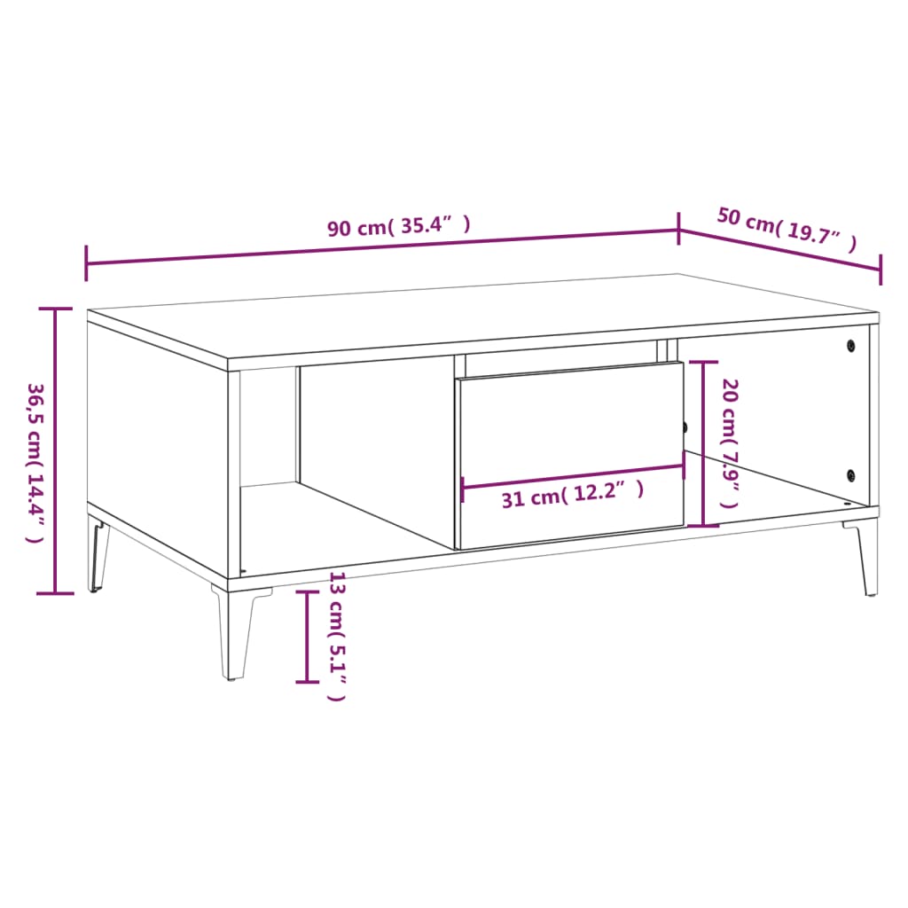Table basse blanche 90x50x36,5 cm en bois