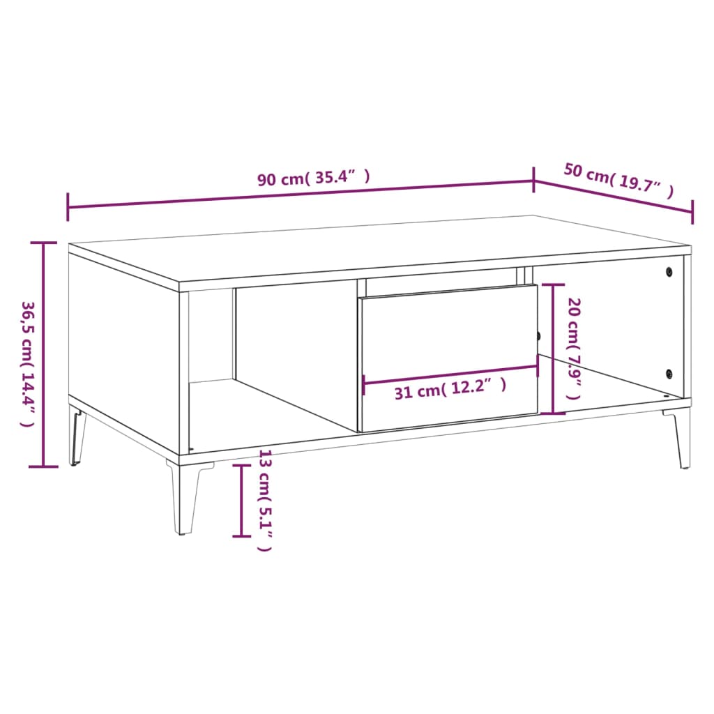 Table basse gris béton 90x50x36,5 cm en bois