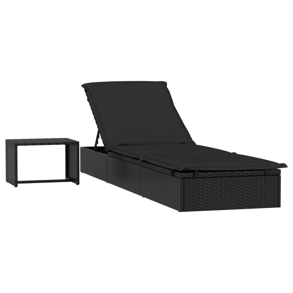 Sun lounger 1 pc. with table black poly rattan