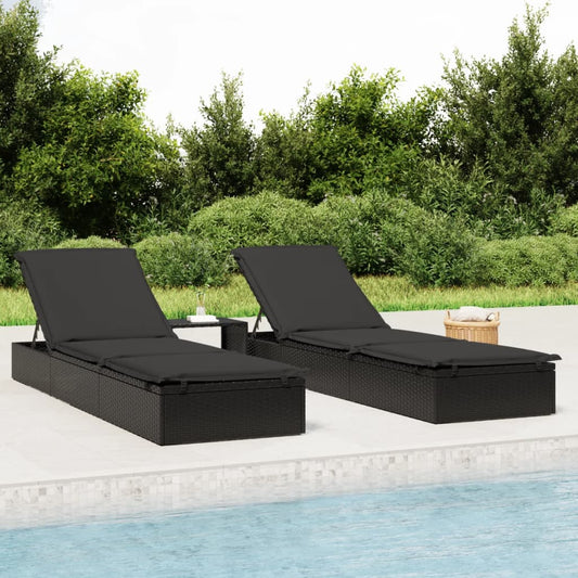 Sun lounger 1 pc. with table black poly rattan