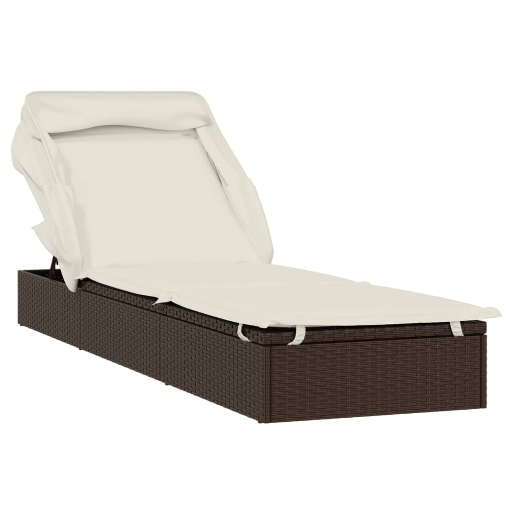 Chaise longue avec toit pliant marron 213x63x97 cm en résine tressée