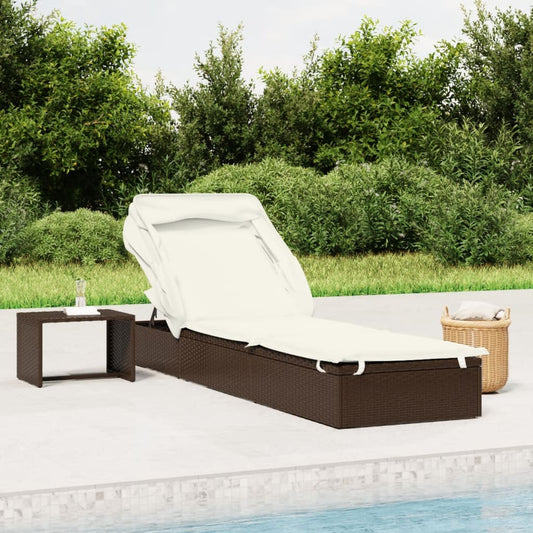 Chaise longue avec toit pliant marron 213x63x97 cm en résine tressée