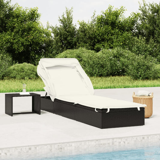 Bain de soleil avec toit pliant noir 213x63x97 cm en résine tressée