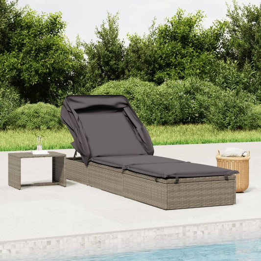 Bain de soleil avec toit pliant gris 213x63x97 cm en résine tressée