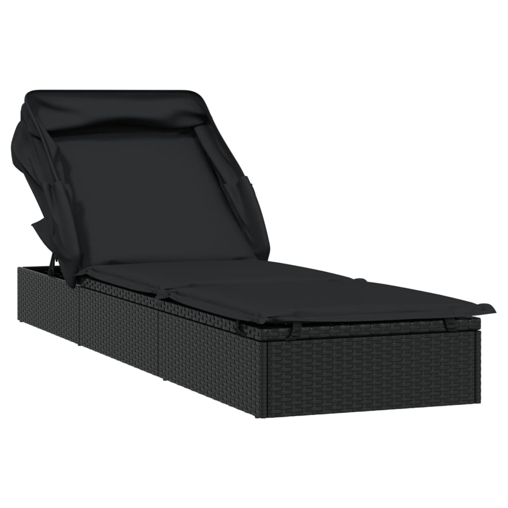 Chaise longue avec toit pliant noir 213x63x97 cm en résine tressée