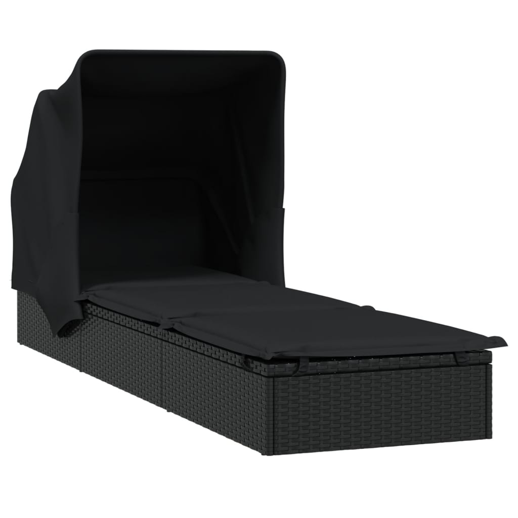 Chaise longue avec toit pliant noir 213x63x97 cm en résine tressée
