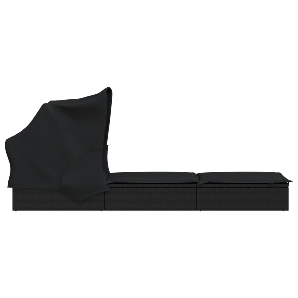 Chaise longue avec toit pliant noir 213x63x97 cm en résine tressée