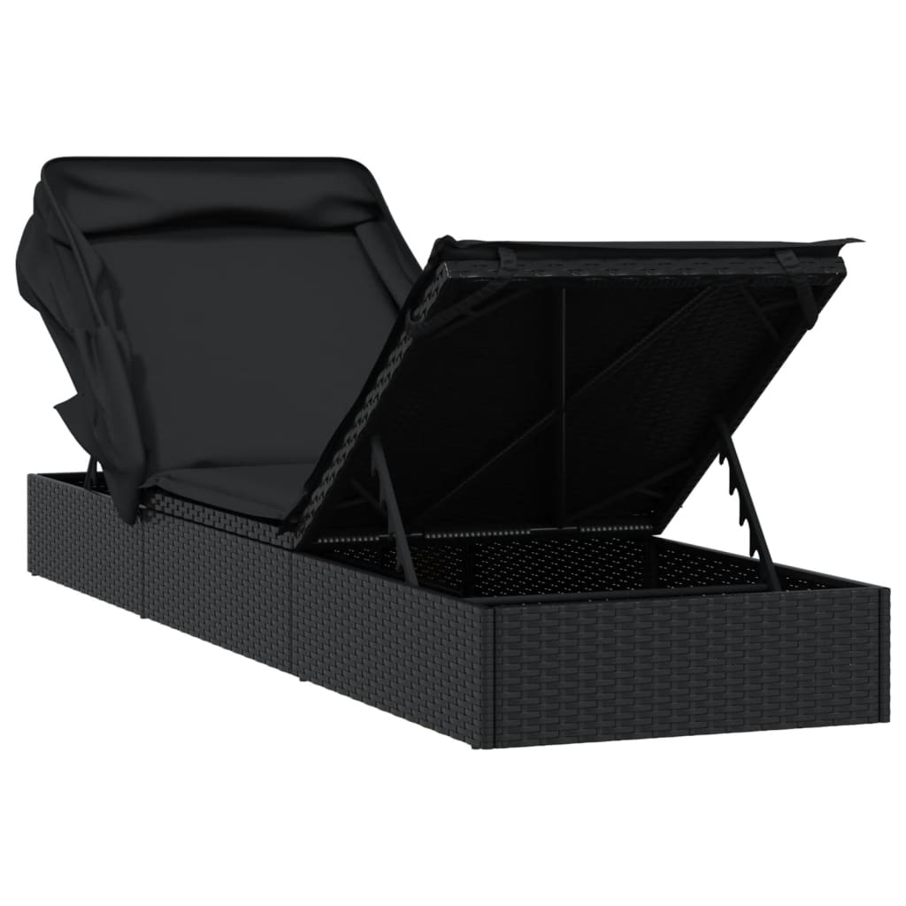Chaise longue avec toit pliant noir 213x63x97 cm en résine tressée